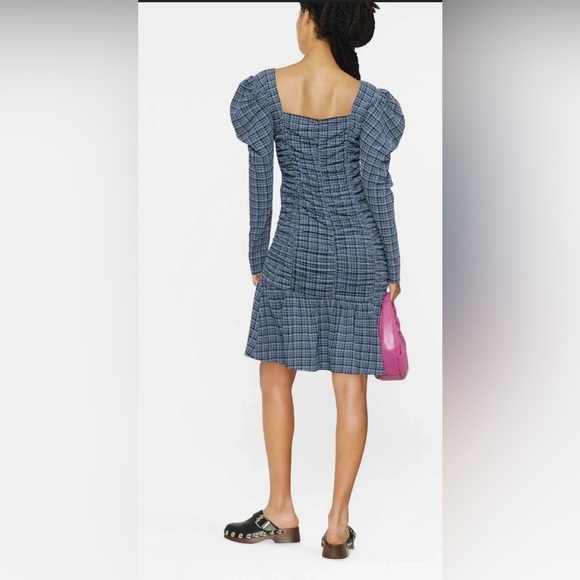 GANNI Ruched checked stretch-seersucker mini dress, Size 42 - Picture 15 of 16